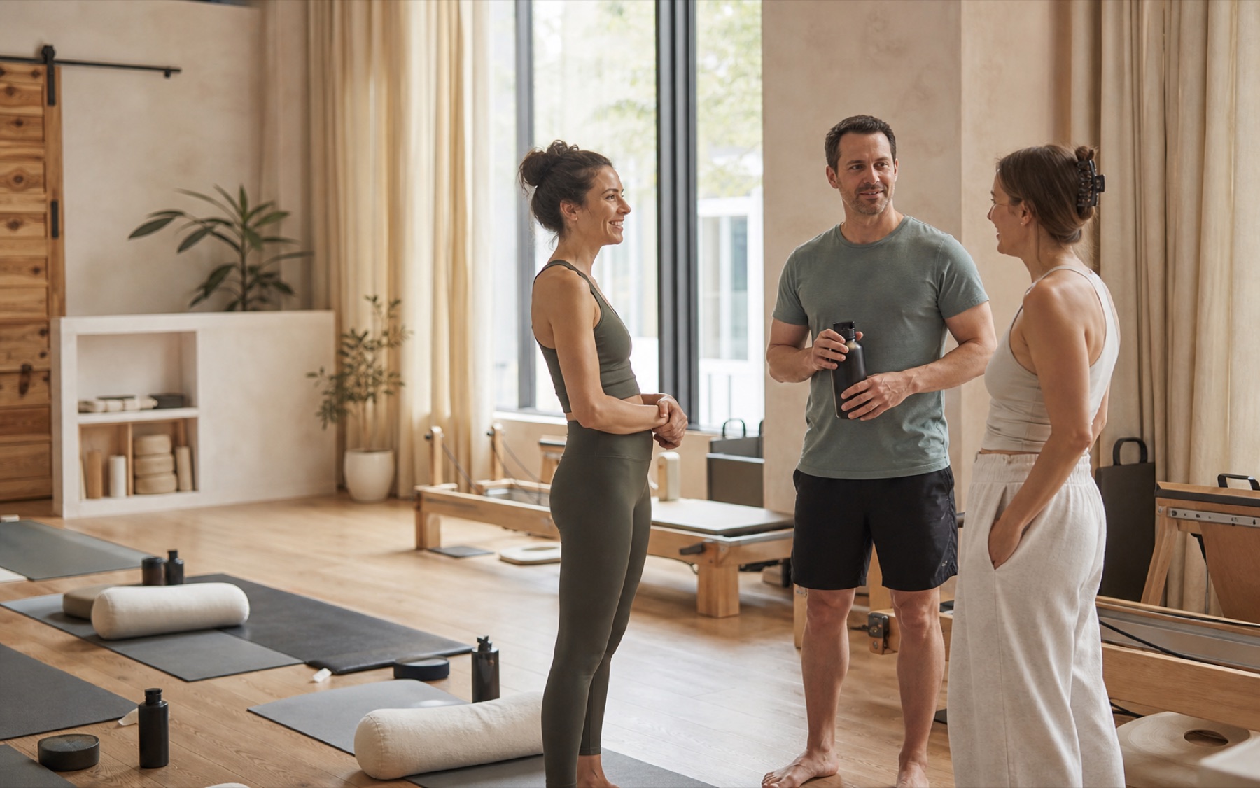 An instructor speaking with clients in a warm yoga and Pilates studio
